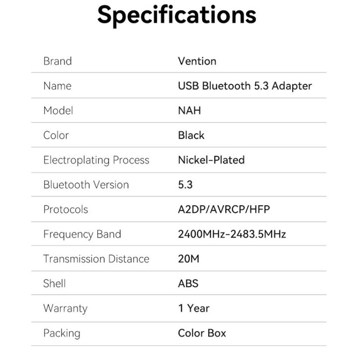Vention Adaptador USB Bluetooth 5.3 NAHB0 Negro